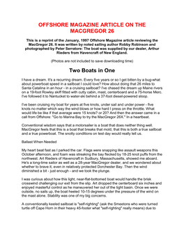 OFFSHORE MAGAZINE ARTICLE on the MACGREGOR 26 Two Boats