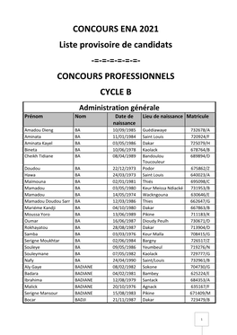 Concours Professionnels Cycle B