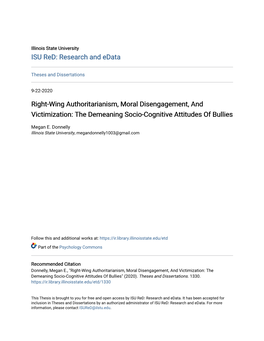 Right-Wing Authoritarianism, Moral Disengagement, and Victimization: the Demeaning Socio-Cognitive Attitudes of Bullies