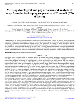 Melissopalynological and Physico-Chemical Analysis of Honey from the Beekeeping Cooperative of Toumodi (Côte D'ivoire)