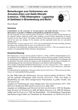 Bemerkungen Zum Vorkommen Von Arocatus-Arten Und Salda Littoralis (LINNAEUS, 1758) (Heteroptera : Lygaeidae Et Saldidae) in Brandenburg Und Berlin.1