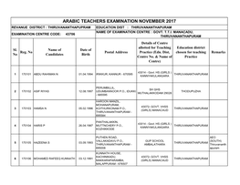 Arabic Teachers Examination November 2017 Revanue District : Thiruvananthapupram Education Dist : Thiruvananthapuram Name of Examination Centre : Govt