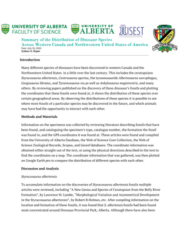 Summary of the Distribution of Dinosaur Species Across Western Canada and Northwestern United States of America Date: July 28, 2020 Sydney D