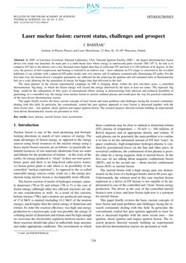 Laser Nuclear Fusion: Current Status, Challenges and Prospect