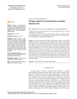 Syringa Vulgarisis a New Host for Cucumber Mosaic Virus