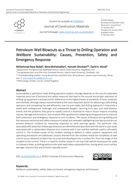 Petroleum Well Blowouts As a Threat to Drilling Operation and Wellbore Sustainability: Causes, Prevention, Safety and Emergency Response