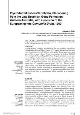 Ptyctodontid Fishes (Vertebrata, Placodermi) from the Late Devonian Gogo Formation, Western Australia, with a Revision of the European Genus Ctenurella 0Rvig, 1960