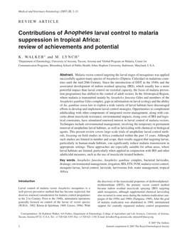 Contributions of Anopheles Larval Control to Malaria Suppression in Tropical Africa: Review of Achievements and Potential