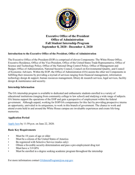 Executive Office of the President Office of Administration Fall Student Internship Program September 8, 2020 - December 4, 2020