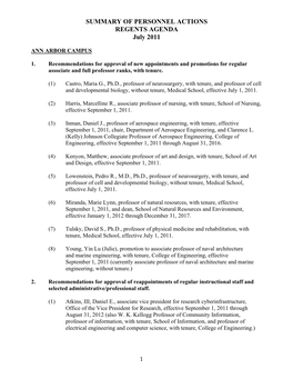 SUMMARY of PERSONNEL ACTIONS REGENTS AGENDA July 2011