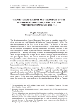 The Whitehead Factory and the Orders of the Austro-Hungarian Navy, Especially the Whitehead Submarines 1904-1914