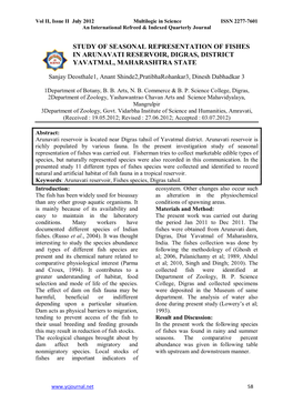 Study of Seasonal Representation of Fishes in Arunavati Reservoir, Digras, District Yavatmal, Maharashtra State