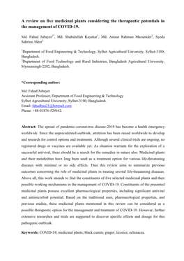 A Review on Five Medicinal Plants Considering the Therapeutic Potentials in the Management of COVID-19