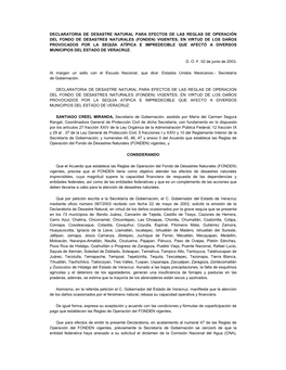 (Fonden) Vigentes, En Virtud De Los Daños Provocados Por La Sequía Atípica E Impredecible Que Afectó a Diversos Municipios Del Estado De Veracruz