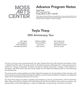Advance Program Notes Twyla Tharp 50Th Anniversary Tour Friday, March 3, 2017, 7:30 PM