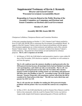 Supplemental Testimony of Kevin J. Kennedy Director and General Counsel Wisconsin Government Accountability Board