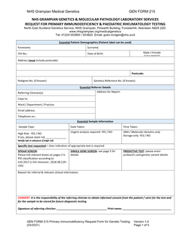 NHS Grampian Medical Genetics GEN FORM 215