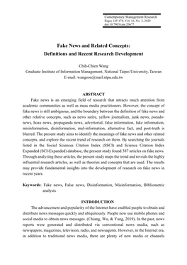 Fake News and Related Concepts: Definitions and Recent Research Development