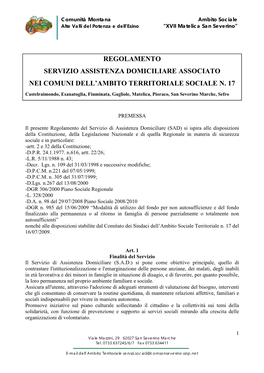 Regolamento Servizio Assistenza Domiciliare Associato Nei Comuni Dell'ambito Territoriale Sociale N. 17