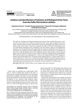 Isolation and Identification of Cytotoxic and Biological Active Toxin from the Puffer Fish Arothron Stellatus