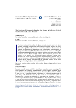 The Problem of Students in Reading the Quran: a Reflective-Critical Treatment Through Action Research. International Journal of Instruction, 12(1), 311-326