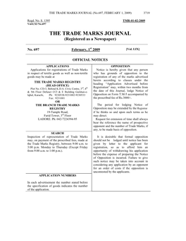 THE TRADE MARKS JOURNAL (No.697, FEBRUARY 1, 2009) 3719