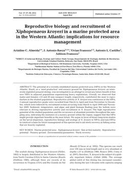 Reproductive Biology and Recruitment of Xiphopenaeus Kroyeri in a Marine Protected Area in the Western Atlantic: Implications for Resource Management