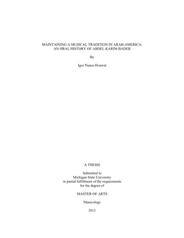 Maintaining a Musical Tradition in Arab-America: an Oral History of Abdel Karim Bader