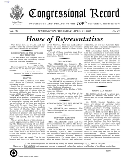 Congressional Record United States Th of America PROCEEDINGS and DEBATES of the 109 CONGRESS, FIRSTSESSION