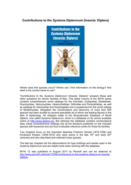 Contributions to the Systema Dipterorum (Insecta: Diptera)