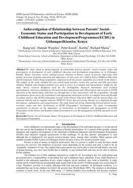 Economic Status and Participation in Development of Early Childhood Education and Developmentprogrammes(ECDE) in Githungurikiambu, Kenya