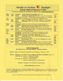 Kendal on Hudson Ffi Spotlight Events: Week of February 15,2021 for More on Resident Life at Kendal on Hudson, Go to Www