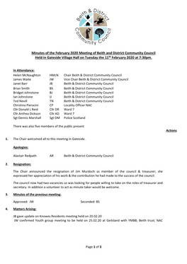 Minutes of the February 2020 Meeting of Beith and District Community Council Held in Gateside Village Hall on Tuesday the 11Th February 2020 at 7:30Pm