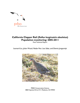 California Clapper Rail (Rallus Longirostris Obsoletus) Population Monitoring: 2005-2011 Final Technical Report