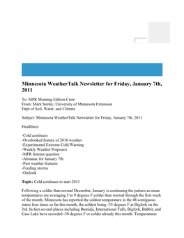 Minnesota Weathertalk Newsletter for Friday, January 7Th, 2011