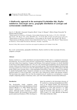 A Biodiversity Approach in the Neotropical Erythrinidae ¢Sh, Hoplias Malabaricus