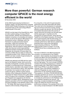 Than Powerful: German Research Computer QPACE Is the Most Energy Efficient in the World 20 November 2009