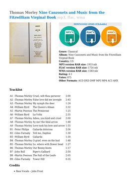 Thomas Morley Nine Canzonets and Music from the Fitzwilliam Virginal Book Mp3, Flac, Wma