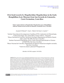 First Fossil Record of a Megatheriidae-Megatheriinae in the Early Hemphillian (Late Miocene) from San Gerardo De Limoncito, Curré Formation, Costa Rica