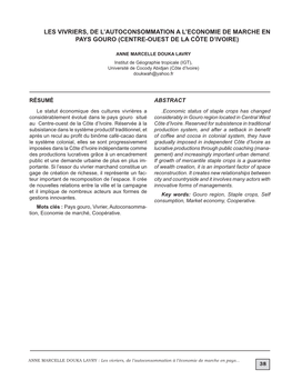 Les Vivriers, De L'autoconsommation a L'economie De Marche En Pays Gouro (Centre-Ouest De La Côte D'ivoire)