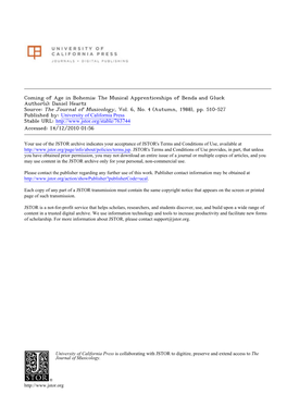 Coming of Age in Bohemia: the Musical Apprenticeships of Benda and Gluck Author(S): Daniel Heartz Source: the Journal of Musicology, Vol