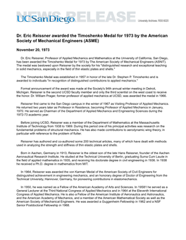 Dr. Eric Reissner Awarded the Timoshenko Medal for 1973 by the American Society of Mechanical Engineers (ASME)