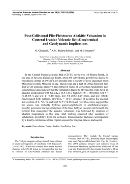 Post-Collisional Plio-Pleistocene Adakitic Volcanism in Centeral Iranian Volcanic Belt:Geochemical and Geodynamic Implications