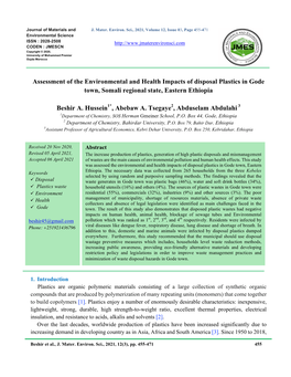 Assessment of the Environmental and Health Impacts of Disposal Plastics in Gode Town, Somali Regional State, Eastern Ethiopia