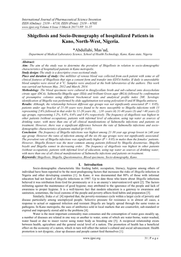 Shigellosis and Socio-Demography of Hospitalized Patients in Kano, North-West, Nigeria