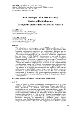 Studi Ayat Khilāfah Dalam Al-Taysīr Fī 'Ulūm Al-Tafsīr Karya Abū Rashtah