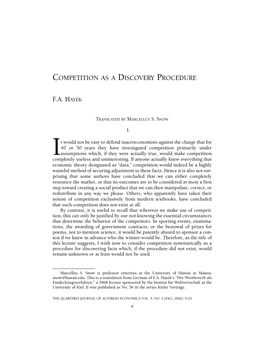 Competition As a Discovery Procedure F.A. Hayek