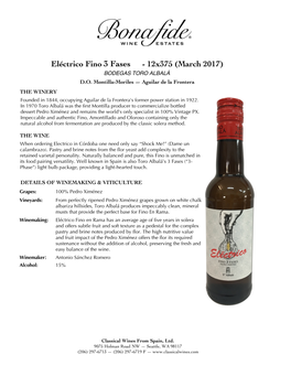 Eléctrico Fino3 'En Fases Rama' - 12X375 (March 2017) BODEGAS T ORO ALBALÁ D.O