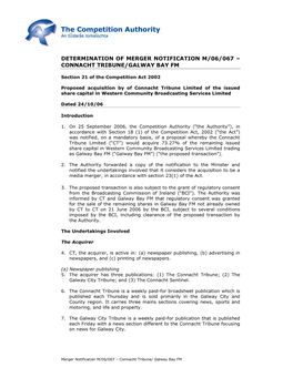 Determination of Merger Notification M/06/067 – Connacht Tribune/Galway Bay Fm