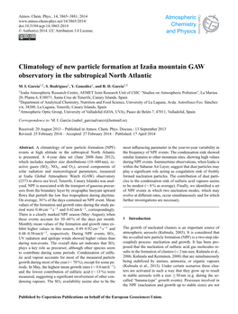 Climatology of New Particle Formation at Izaña Mountain GAW Observatory in the Subtropical North Atlantic